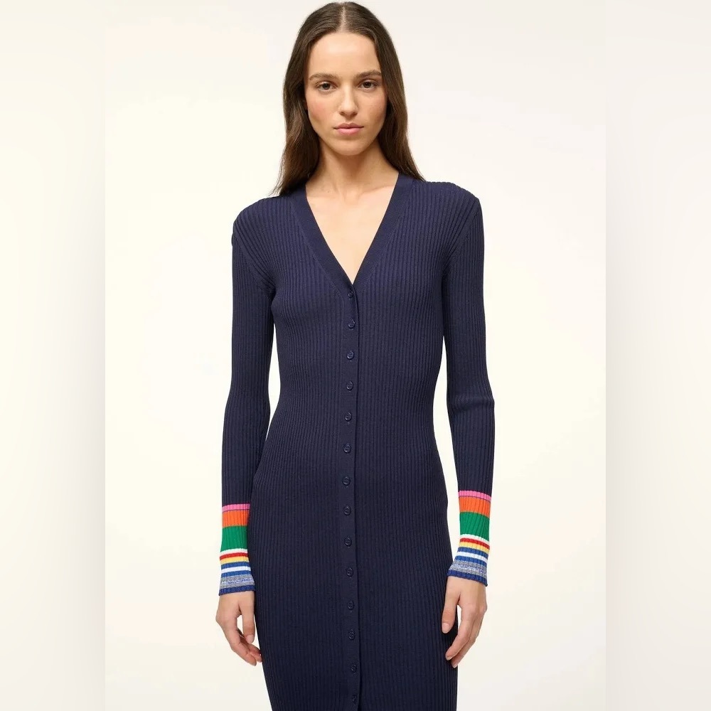 Staud Navy Ribbed Cardigan with Colorful Stripes - L